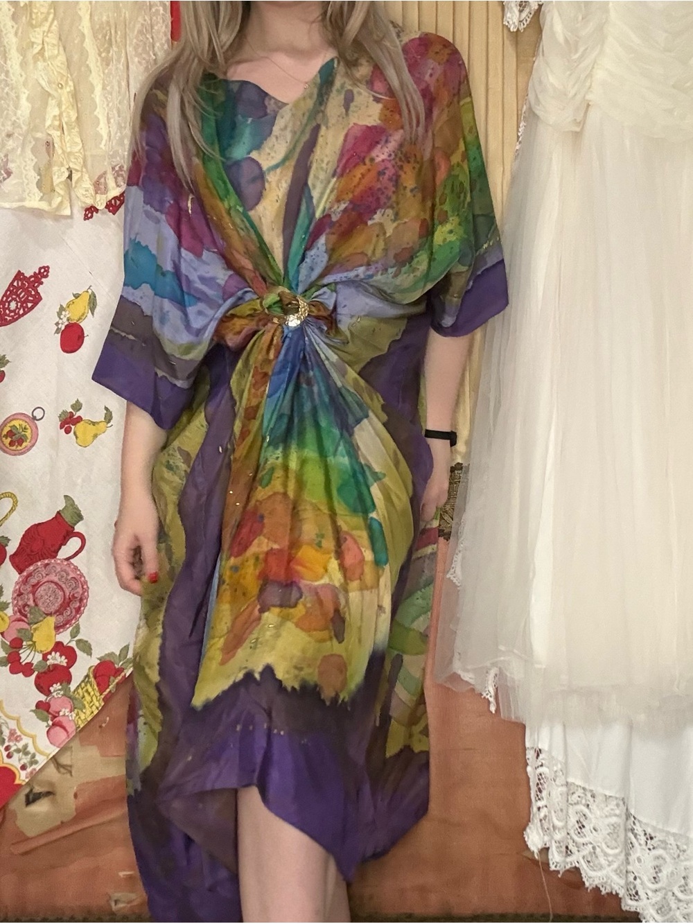 Vintage 90’s Multicolor Hand painted Watercolor Silk Kaftan Dress